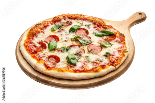 Delicious pepperoni and basil pizza on wooden pizza peel, cut out