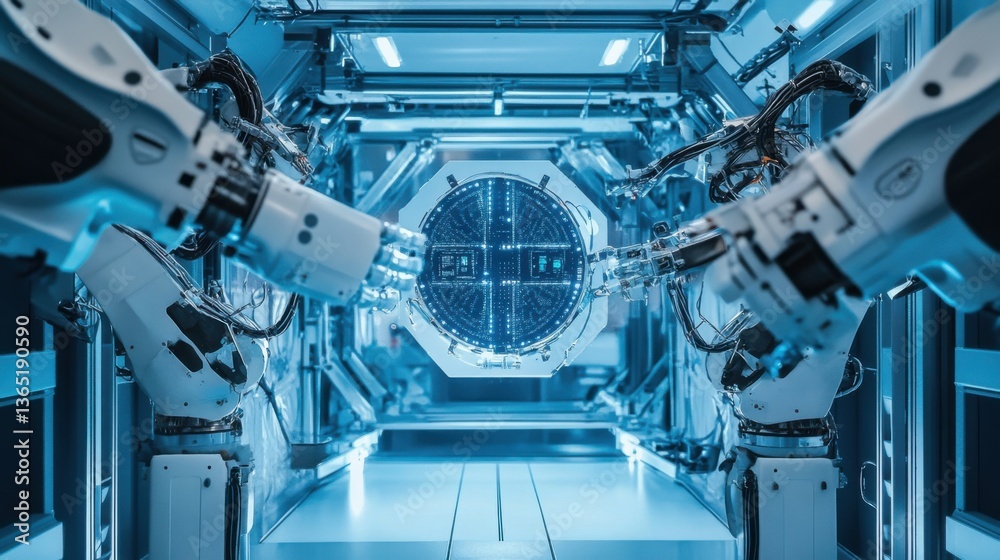 An advanced space robotics facility where robotic arms are assembling satellite communication systems, AI systems ensuring flawless component integration and alignment, High-tech style