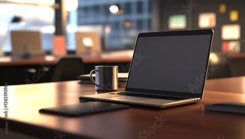 A sleek, modern office desk with an open laptop and coffee mug on it, with a blurred background of other desks in the room, creating a sense of professional environment.