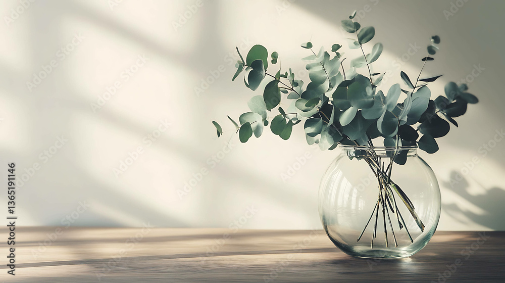 A glass vase with eucalyptus leaves on a wooden table A glass vase with eucalyptus leaves on a wooden table