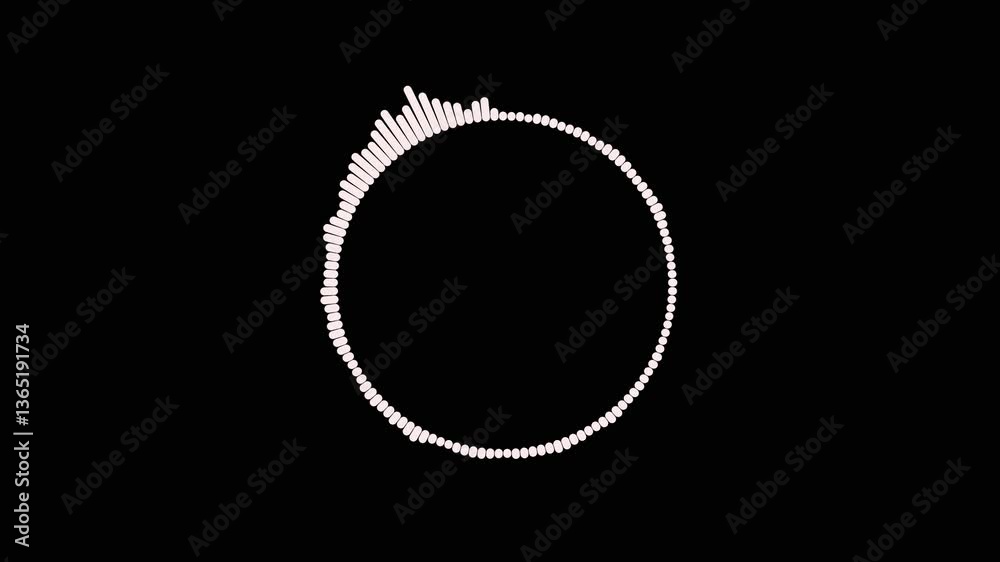 Futuristic circle audio wave sound frequency spectrum lines in motion On Black Background. 4K Loopable white video footage Animation. Hypnotic audio spectrum wave. Pulsing digital sound wavesform.