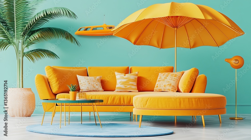 Obraz premium A modern room features bright colors and tropical design elements