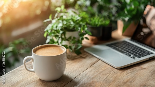 A steaming cup of coffee sits on a wooden table next to a laptop, surrounded by lush green plants, inviting focus and productivity in a cozy environment.
