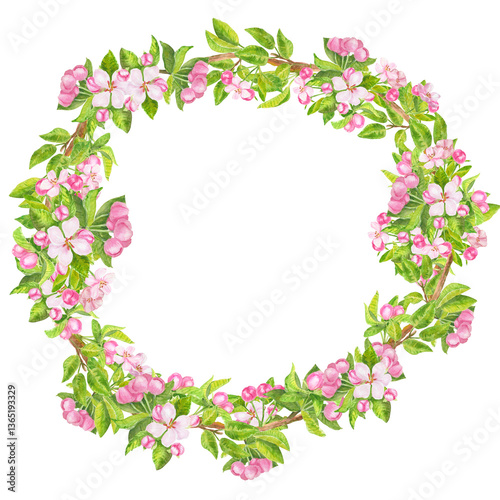 Pink apple flowers, leaves and buds watercolor floral wreath isolated on white.