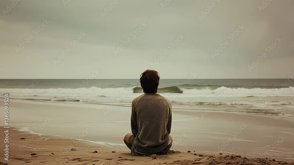 The image depicts a person sitting alone on a beach, gazing out at the ocean, which conveys a sense of solitude and introspection. The muted tones of the sky and the calm, yet slightly overcast enviro The image depicts a person sitting alone on a beach, gazing out at the ocean, which conveys a sense of solitude and introspection. The muted tones of the sky and the calm, yet slightly overcast enviro