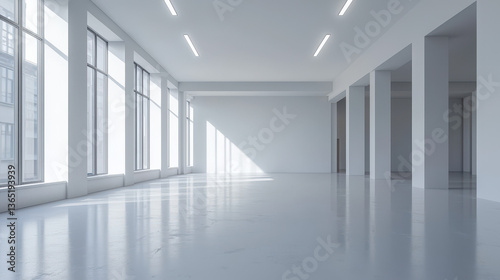 Minimalist modern workspace in renovation phase with bright lighting and empty walls