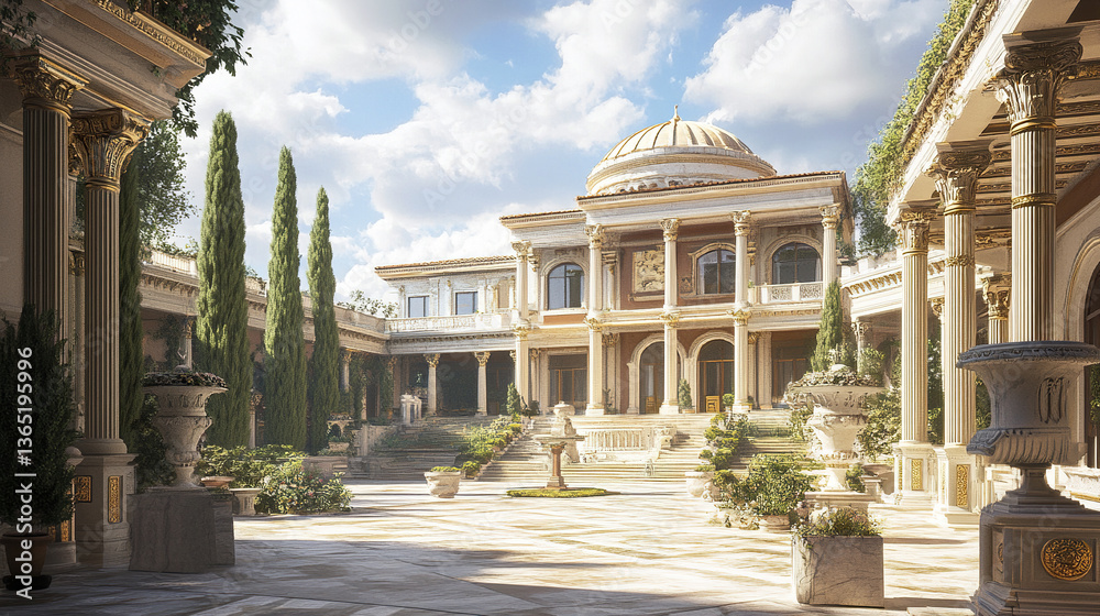 Obraz premium Roman inspired villa with massive Corinthian columns and lush greenery
