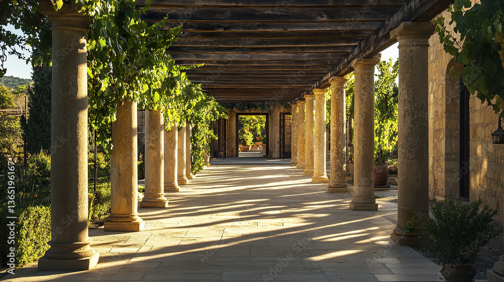romantic Mediterranean courtyard with tall Tuscan columns romantic Mediterranean courtyard with tall Tuscan columns