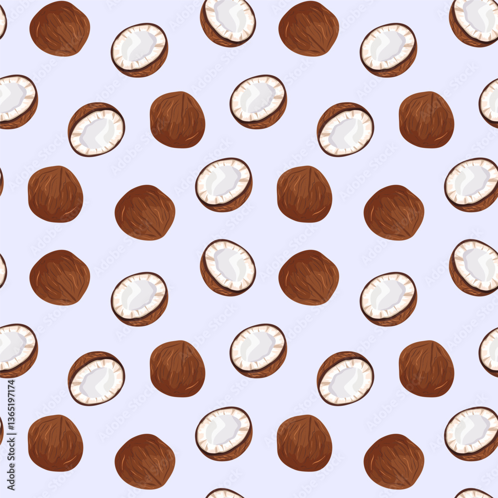 Seamless coconut pattern on isolated background. Whole and halves with coconut pulp Vector summer background for beverage packaging, cover, textile Seamless coconut pattern on isolated background. Whole and halves with coconut pulp Vector summer background for beverage packaging, cover, textile