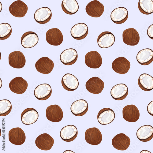 Seamless coconut pattern on isolated background. Whole and halves with coconut pulp Vector summer background for beverage packaging, cover, textile