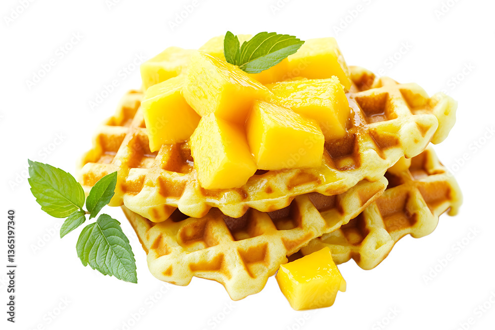 Stack of waffles topped with mango cubes and mint leaves against a black background isolated shot Stack of waffles topped with mango cubes and mint leaves against a black background isolated shot