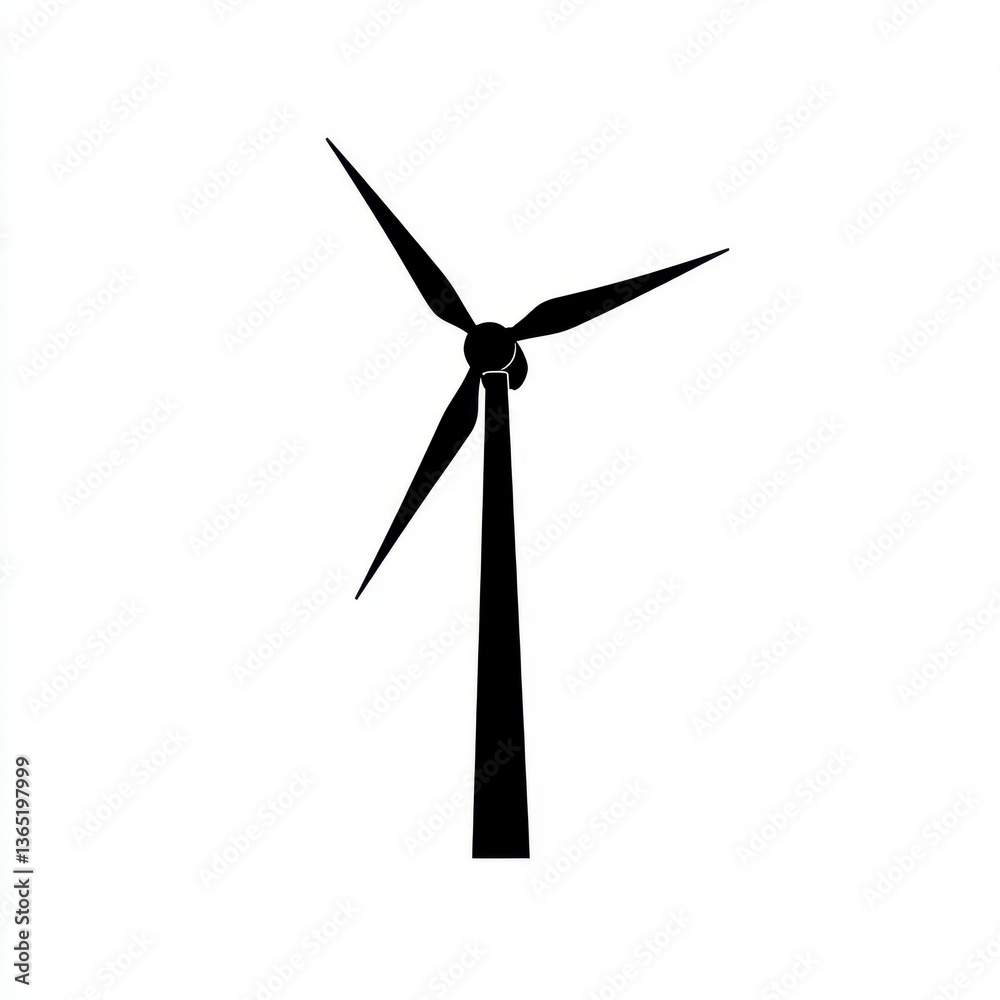 Black Wind Turbine Silhouette on White Background Black Wind Turbine Silhouette on White Background