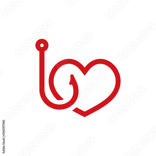Red heart and hook icon represents fishing combined with a love for the hobby or sport.