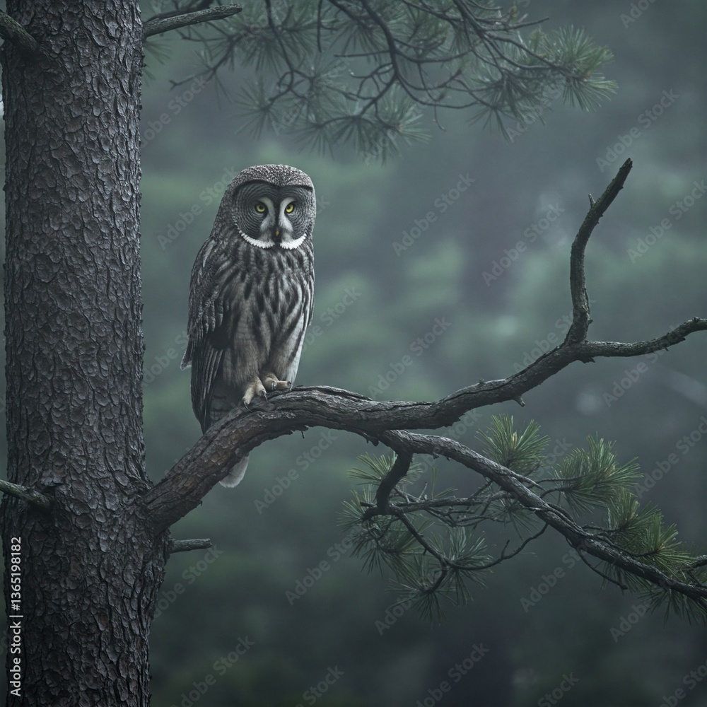 Fototapeta premium Great Horned Owl Resting on an Ancient Pine in a Misty Forest