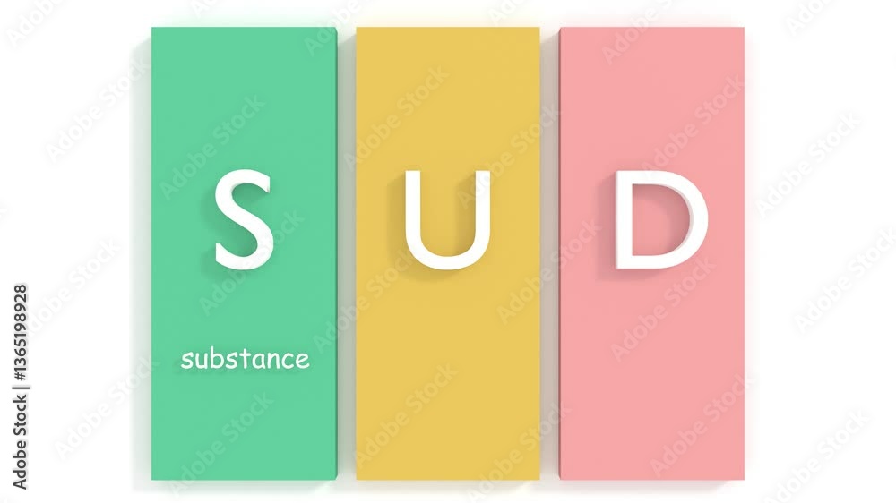 SUD - Substance Use Disorder. The persistent use of drugs despite substantial harm and adverse consequences to self and others. Acronym animated background SUD - Substance Use Disorder. The persistent use of drugs despite substantial harm and adverse consequences to self and others. Acronym animated background