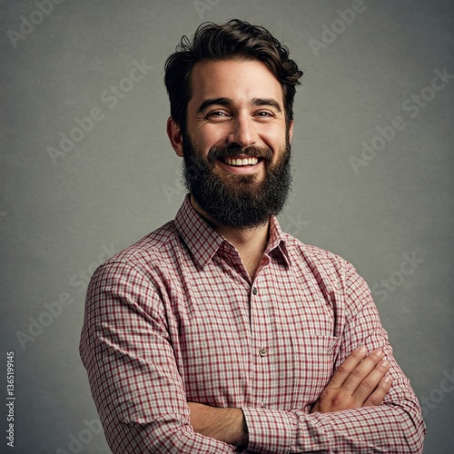 Smiling man with beard and plaid shirt posing for a picture