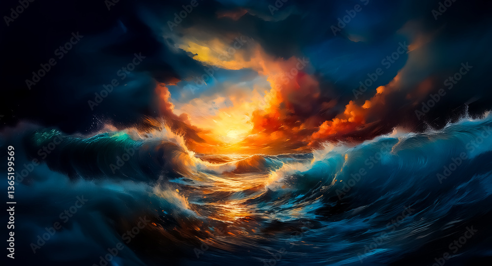 Fototapeta premium Dramatic ocean scene with turbulent waves beneath a stormy sky. Golden light pierces through dark clouds, crafting a powerful, dynamic atmosphere.