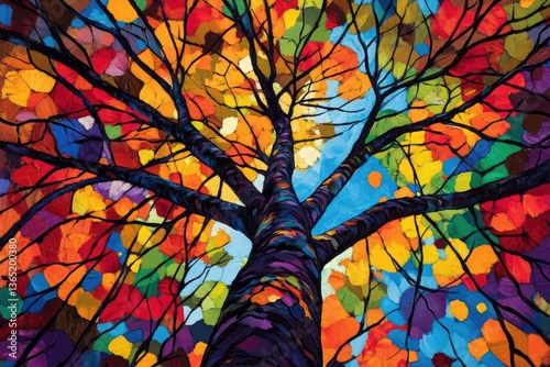 Vibrant autumn tree canopy viewed from below.  A colorful display of leaves in reds, oranges, yellows, and purples, with a dark trunk and a glimpse of blue sky