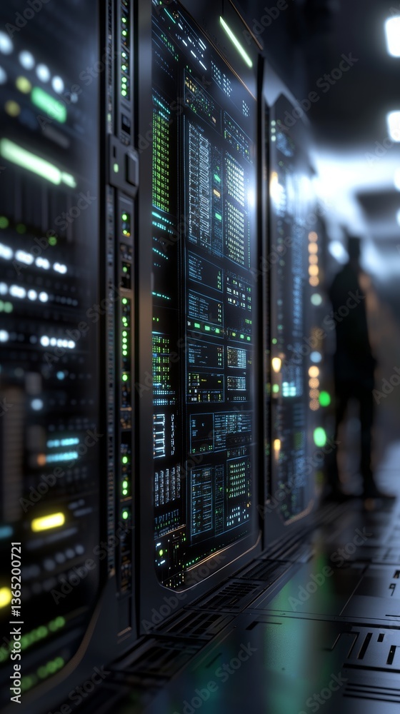Data center with illuminated servers and silhouettes of personnel during evening hours, showcasing a high-tech environment Data center with illuminated servers and silhouettes of personnel during evening hours, showcasing a high-tech environment