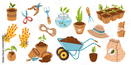 Vector set of gardening tools and equipment for spring design: flower pots, work gloves, trolley, fertilizers, garden shovels. Gardening and agriculture