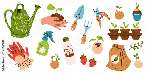 A set of gardening tools and equipment. Elements of spring design: watering cans, work gloves, shovels and pruners, flower pots. Seedlings, cultivation of organic products. Vector flat illustration