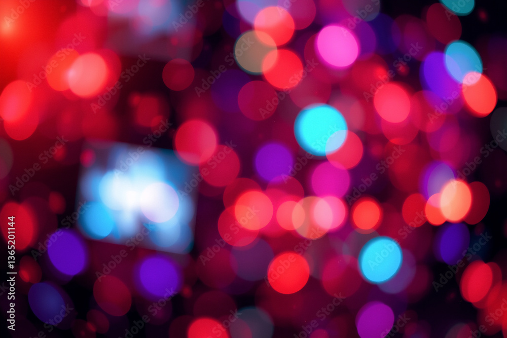Fototapeta premium Blurred backdrop filled with vibrant bokeh lights. Red, pink, blue, and purple circles create a festive, abstract, and dreamy atmosphere.