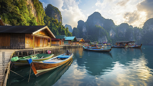 Wooden houses and boats in serene Thai fishing village