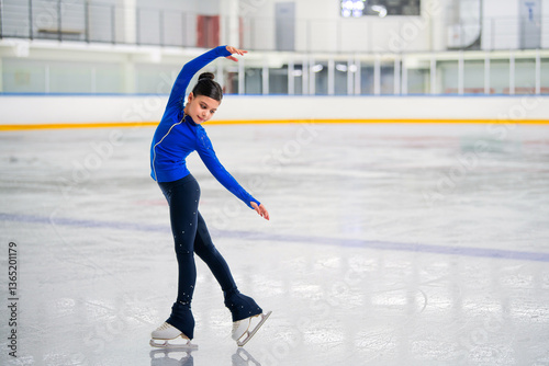 A young girl is skating on ice with a smile on her face.