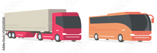 Truck lorry cargo semi trailer industry car vehicle 3d perspective modern design illustration, tour travel bus coach peach color isolated cut out on white background, large heavy freight transport