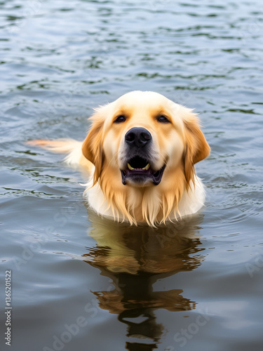 Wet Golden Retriever dog swimming on waters of a lake, just the head out of water.