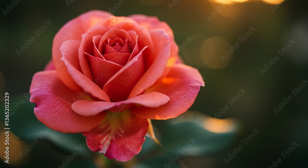 Obraz premium Soft light illuminates a delicate coral rose close up. AI Generated
