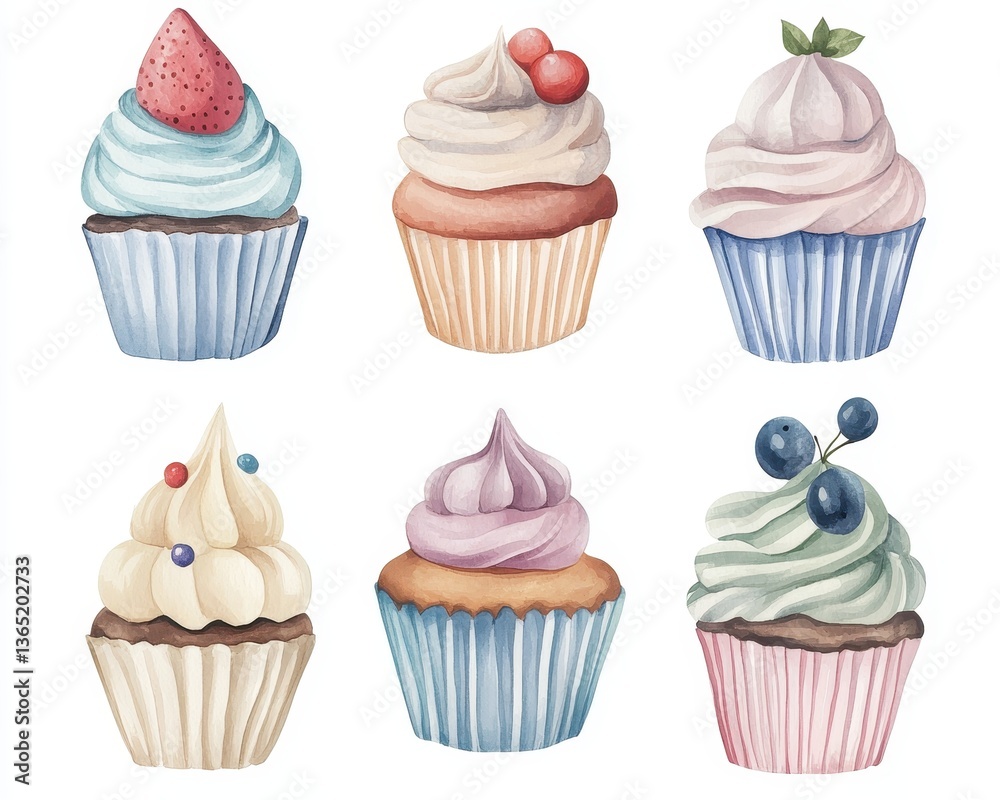 Exquisite display of colorful cupcakes topped with various frostings and decorative elements in a beautiful watercolor style Exquisite display of colorful cupcakes topped with various frostings and decorative elements in a beautiful watercolor style