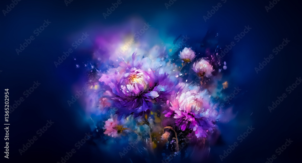 Vibrant abstract floral artwork with purple, pink, blue, and yellow flowers. Expressive style painting on dark dreamy background, highlighting colorful blooms. Vibrant abstract floral artwork with purple, pink, blue, and yellow flowers. Expressive style painting on dark dreamy background, highlighting colorful blooms.