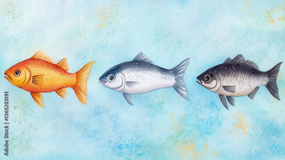 Naklejka premium Beautiful collection of three watercolor fish illustrating the catch of the day with artistic flair and vibrant colors