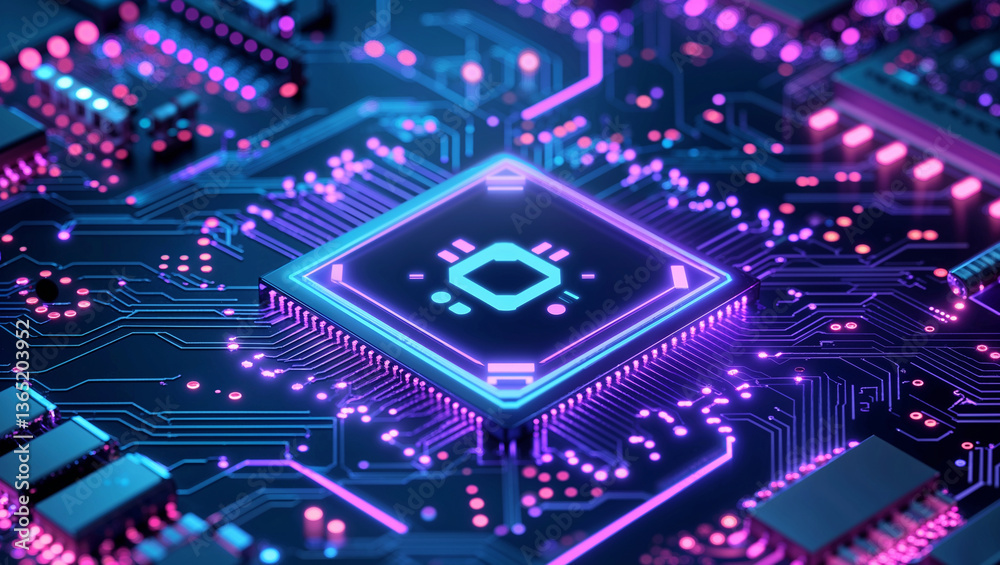 Obraz premium Close-Up of Futuristic Central Processing Unit with Neon Glow and Golden Trim on Circuit Board
