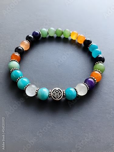 wrist is decorated with a chakra bracelet made of a semi-precious stone of a gentle color, symbolizing balance and well-being