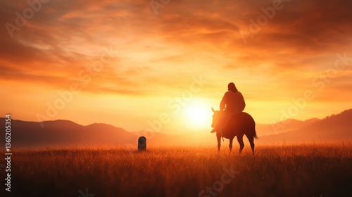 A solitary horseman stands poised against a vibrant sunset, embodying the spirit of adventure, serenity, and the innate connection between humanity and nature's beauty.