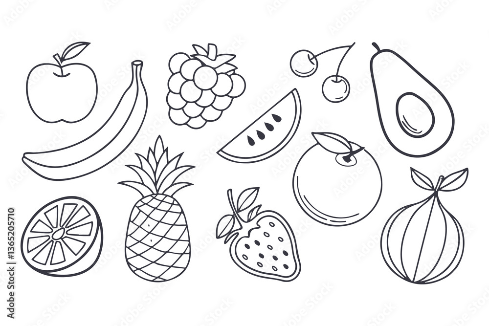 Black-and-white digital line art illustration of fruits in a clean, minimal style. Perfect for coloring pages, educational materials, or fruit-themed vector icon sets. Black-and-white digital line art illustration of fruits in a clean, minimal style. Perfect for coloring pages, educational materials, or fruit-themed vector icon sets.
