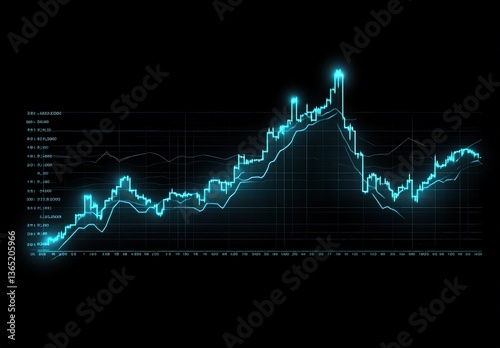 Blue stock market graph with an upward trend on a dark background. Financial chart, line and bar graphs for business or industrial data mockup design template vector illustration.