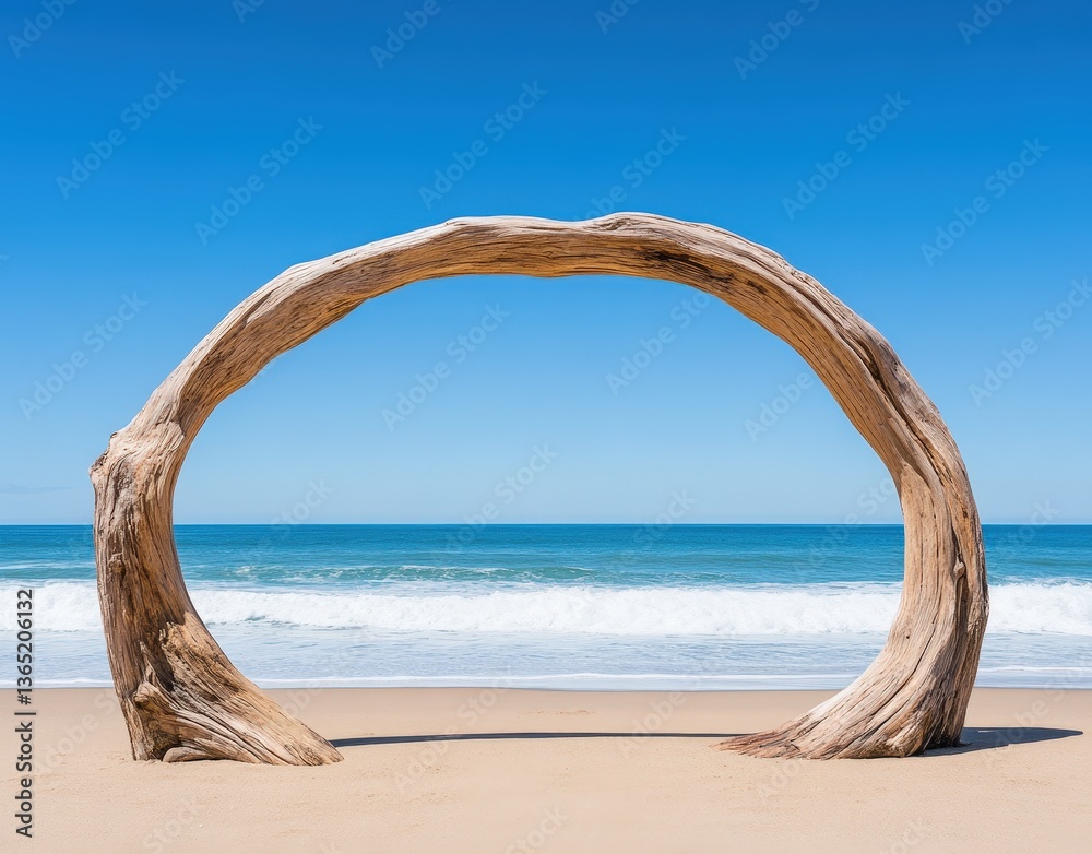 Fototapeta premium A natural wooden arch stands on a sandy beach, framing the ocean and clear blue sky, creating a serene, picturesque scene.