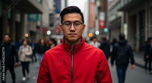 Confident man stands calmly city street soft light. AI Generated