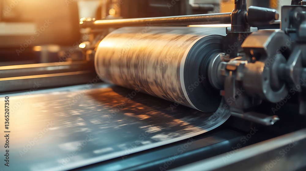 Fototapeta premium Industrial printing press in action, Polygraphic process in a printing, producing newspapers sheets with precision and speed, Factory printing press