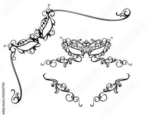 black and white vector corner frame border design set of elegant calligraphic decorative elements with carnival theater masks