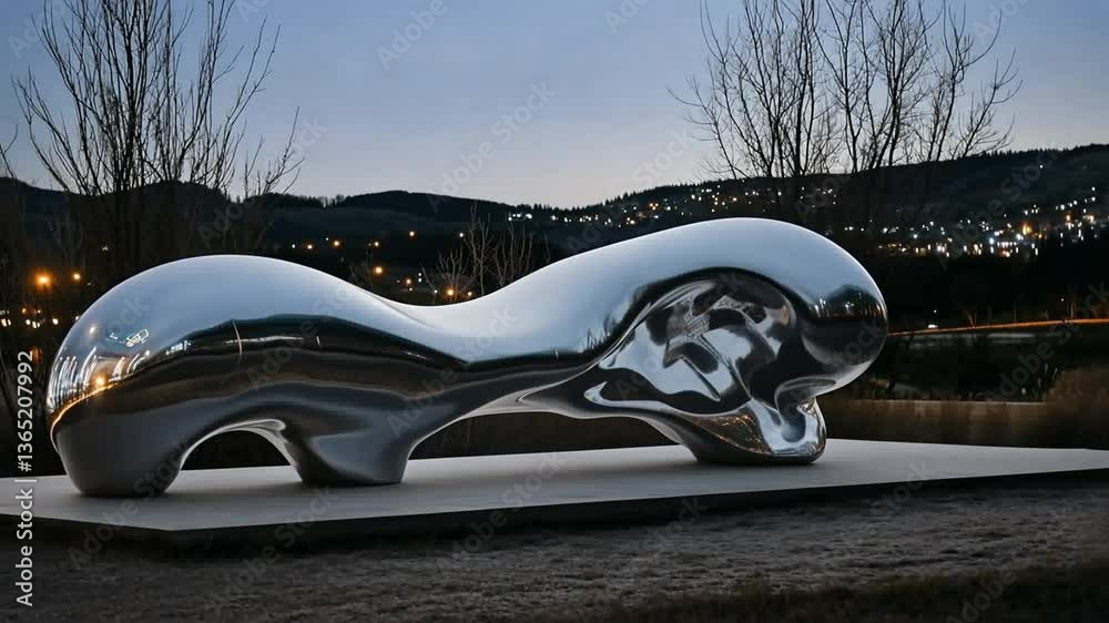 Reflective Silver Sculpture at Dusk