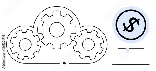 Cloud structure with interconnected gears beside a magnified dollar sign above a podium. Ideal for innovation, workflow management, digital finance, cloud computing, economic processes, automation
