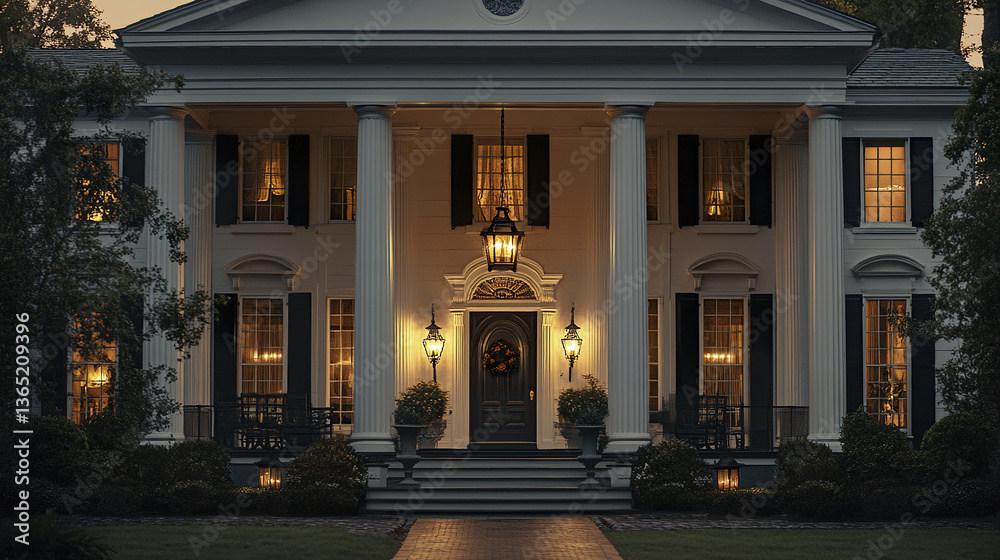 Obraz premium grand Greek Revival house with illuminated columns at dusk