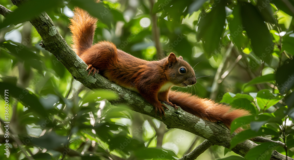 Fototapeta premium Jenkin's Squirrel relaxing on a tree branch amidst lush foliage, wildlife scenery