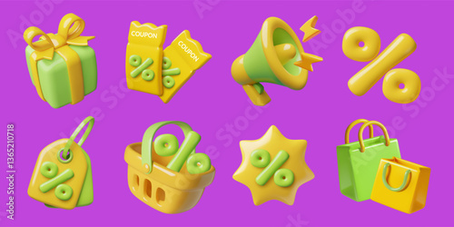 3d shopping icons set. Sale coupons, megaphone, supermarket basket, shopping bag, gift box, price tags, percentage yellow and green three dimensional vector illustrations collection.