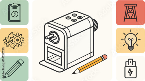 Pencil Illustration vector design, Pencil logo and icon design, Set of Sharpener icon design