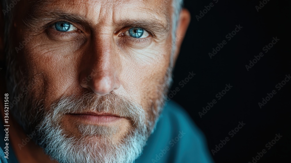 A striking portrait of a confident man with intense blue eyes and a mature look, capturing both strength and vulnerability in a beautifully lit dark environment.
